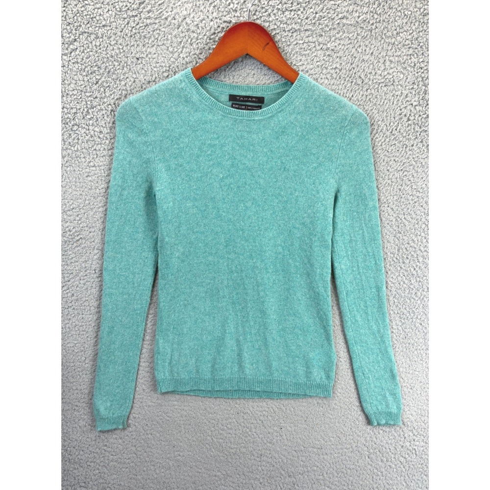 Tahari Pure Luxe Cashmere Sweater Womens XS Green Crewneck Pullover Soft Warm